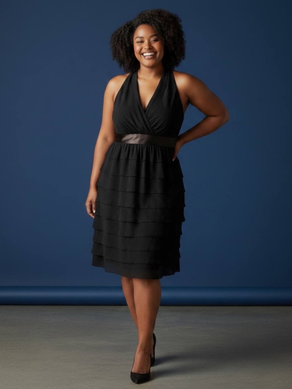 Black, V-Neck, Tiered Cocktail Dress